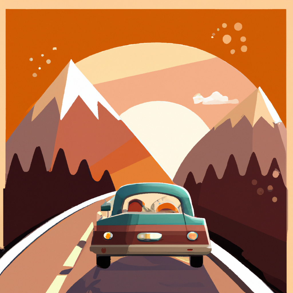 car driving on highway between mountains with sunset. 60s style flat illustration style