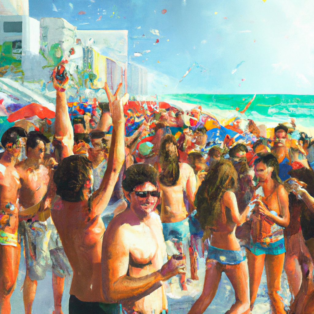 college students in bathing suits partying on beach in miami. in Photorealism style