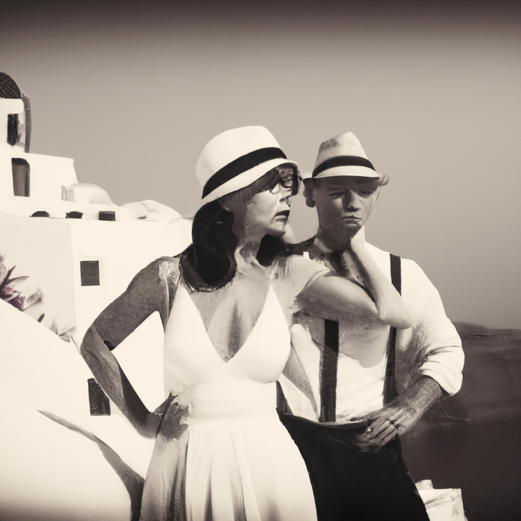 Couple in love in Santorini, Greece. in Noir style