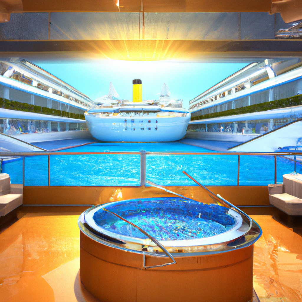 Cruise ship swimming pool lounge area. in Photorealism style