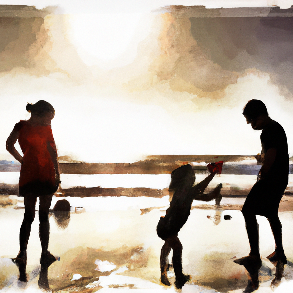 family playing at the beach in San Diego. in Watercolor style. in Rembrandt style